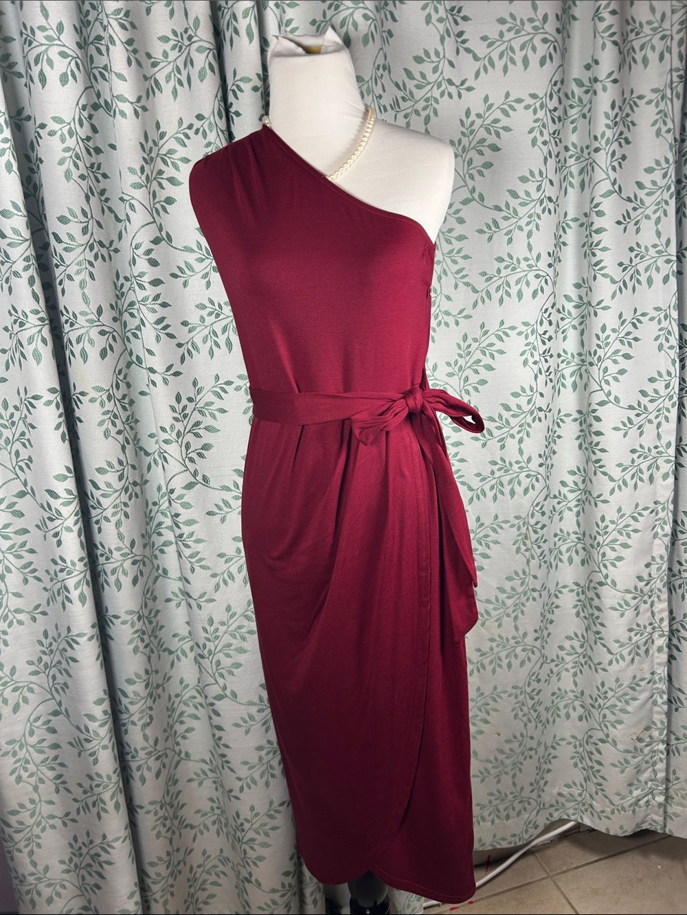 Asymmetrical One-Shoulder Wrap Dress in Burgundy with Waist Tie